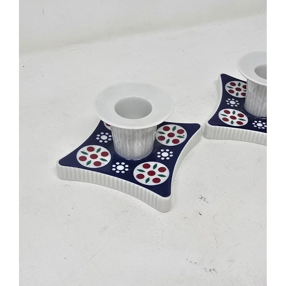 Vtg Schirnding Bavaria MCM German porcelain set of 2 candle holders blue‎ white